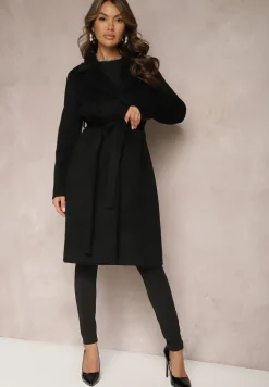 Czarny Gładki Płaszcz z Materiałowym Paskiem i Zapięciem na Napy Arkella