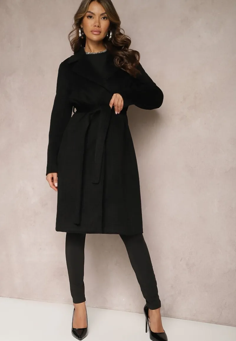 Czarny Gładki Płaszcz z Materiałowym Paskiem i Zapięciem na Napy Arkella