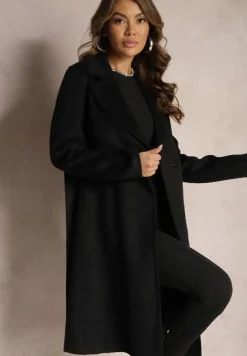 Czarny Gładki Płaszcz z Materiałowym Paskiem i Zapięciem na Napy Arkella