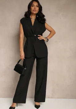 Czarny Garniturowy Komplet Kamizelka z Wiązaniem i Spodnie o Szerokim Kroju Davielis