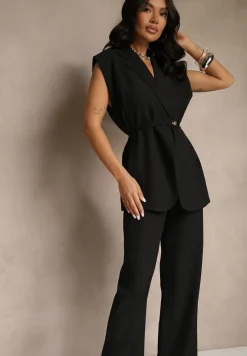 Czarny Garniturowy Komplet Kamizelka z Wiązaniem i Spodnie o Szerokim Kroju Davielis