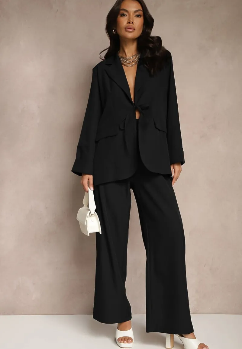 Czarny Garniturowy Komplet z Wiązaną Marynarką i Prostymi Spodniami Tilinne