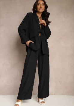 Czarny Garniturowy Komplet z Wiązaną Marynarką i Prostymi Spodniami Tilinne