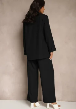 Czarny Garniturowy Komplet z Wiązaną Marynarką i Prostymi Spodniami Tilinne