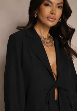 Czarny Garniturowy Komplet z Wiązaną Marynarką i Prostymi Spodniami Tilinne