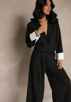 Czarny Garniturowy Komplet Marynarka i Spodnie z Kontrastującymi Zdobieniami Davirielle