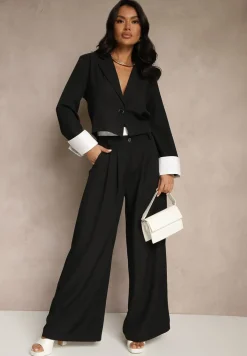 Czarny Garniturowy Komplet Marynarka i Spodnie z Kontrastującymi Zdobieniami Davirielle