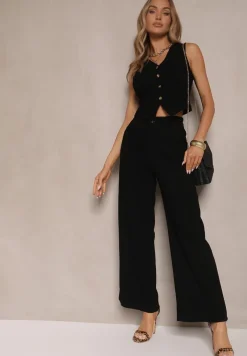Czarny Garniturowy Komplet z Lnu i Wiskozy Kamizelka i Szerokie Spodnie Evialora