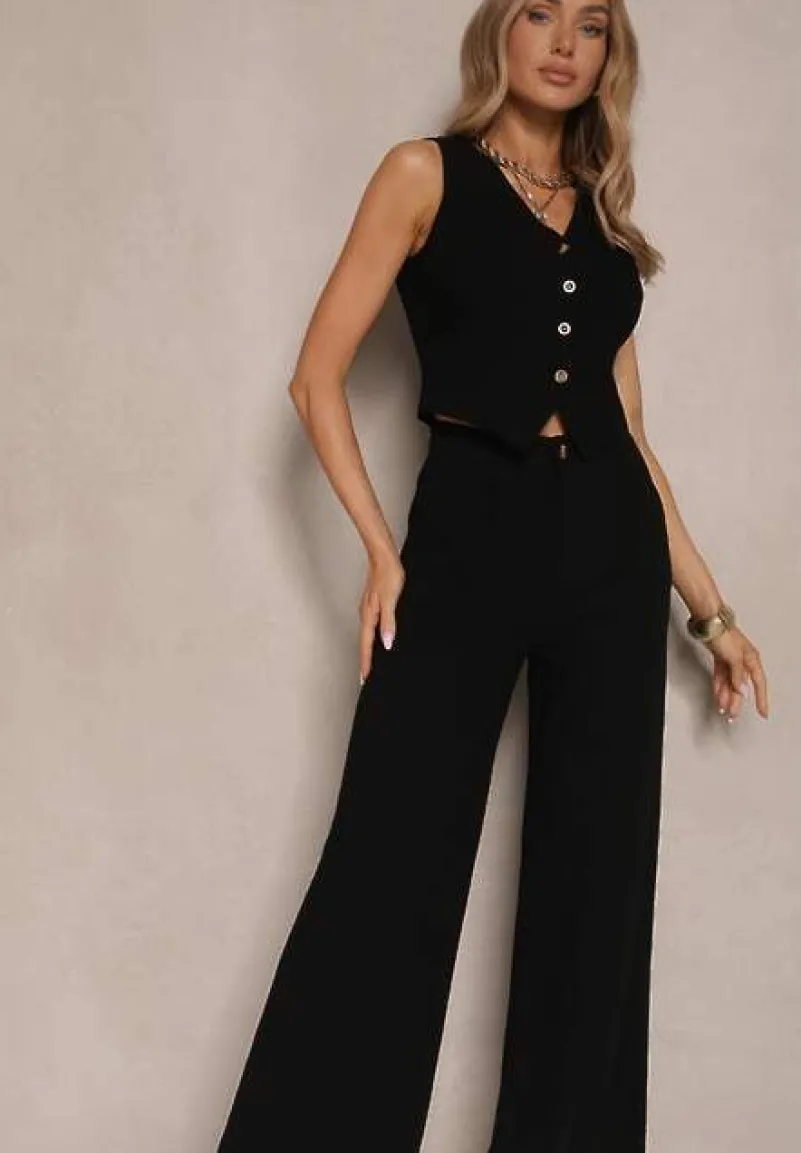 Czarny Garniturowy Komplet z Lnu i Wiskozy Kamizelka i Szerokie Spodnie Evialora