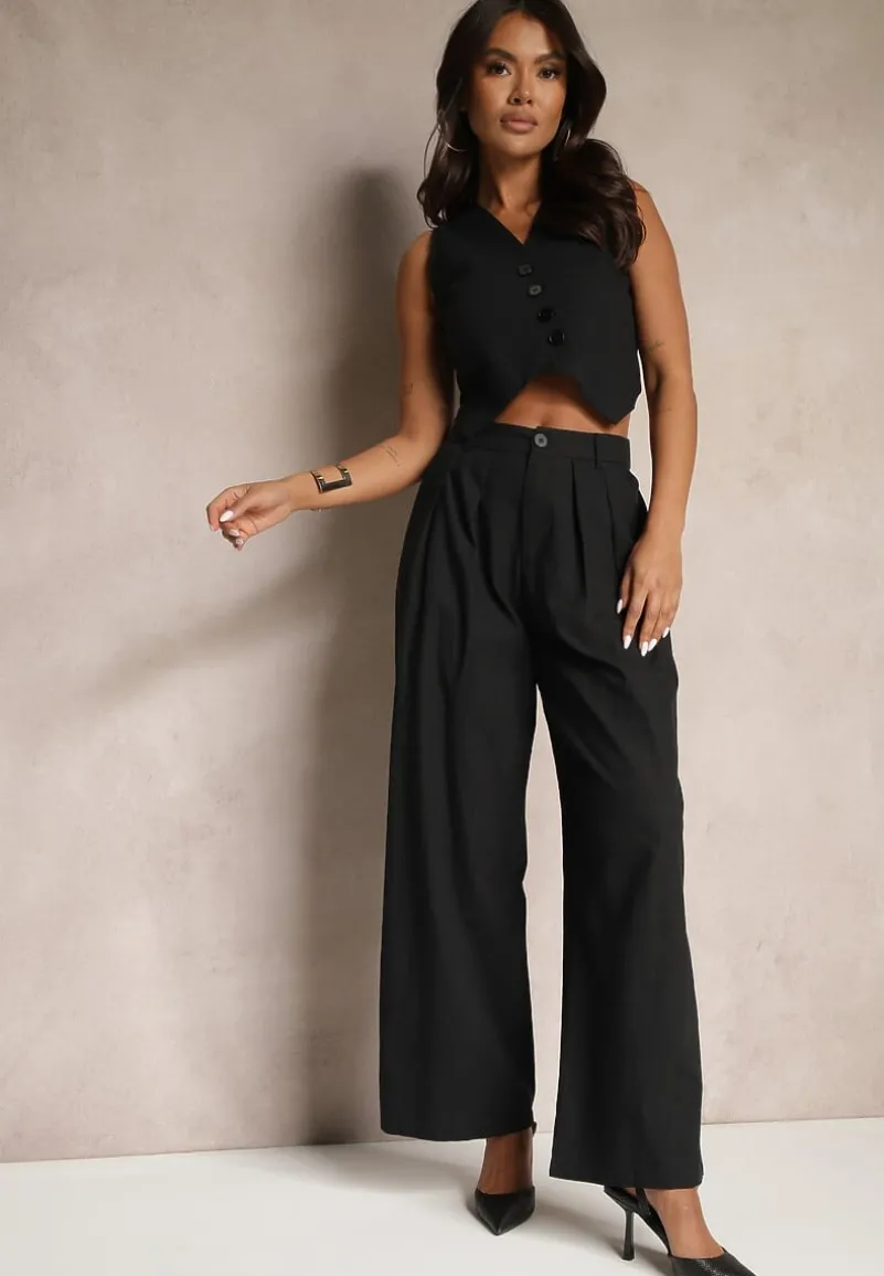 Czarny Garniturowy Komplet z Wiskozą i Bawełną Kamizelka oraz Spodnie Milvivis