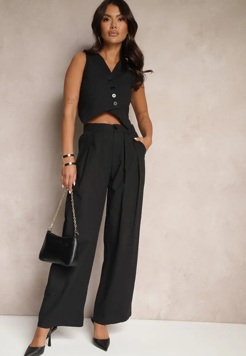 Czarny Garniturowy Komplet z Wiskozą i Bawełną Kamizelka oraz Spodnie Milvivis