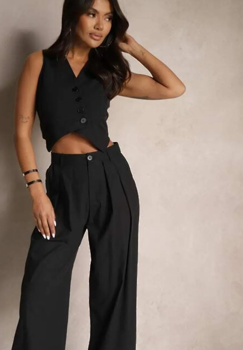 Czarny Garniturowy Komplet z Wiskozą i Bawełną Kamizelka oraz Spodnie Milvivis