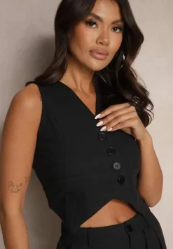 Czarny Garniturowy Komplet z Wiskozą i Bawełną Kamizelka oraz Spodnie Milvivis