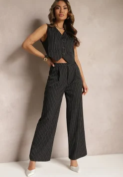 Czarny Garniturowy Komplet w Delikatne Prążki z Kamizelką i Luźnymi Spodniami Paliera