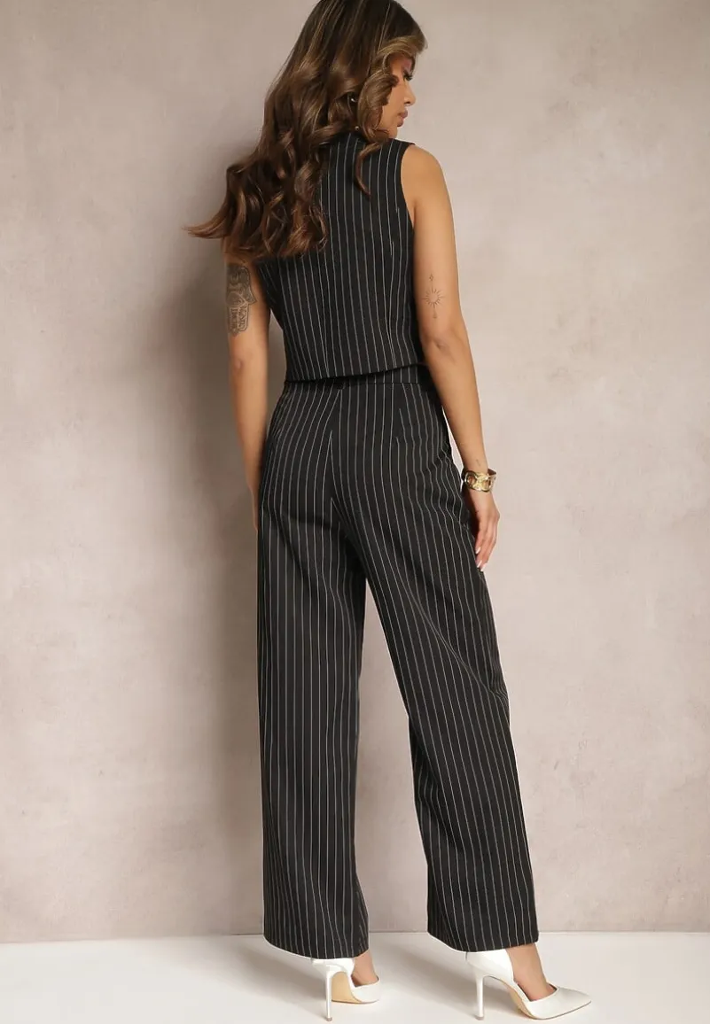 Czarny Garniturowy Komplet w Delikatne Prążki z Kamizelką i Luźnymi Spodniami Paliera