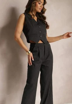 Czarny Garniturowy Komplet w Delikatne Prążki z Kamizelką i Luźnymi Spodniami Paliera