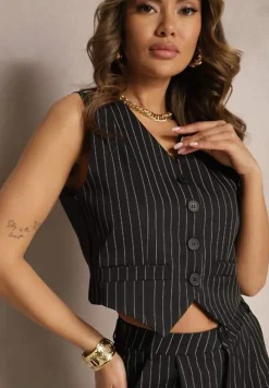 Czarny Garniturowy Komplet w Delikatne Prążki z Kamizelką i Luźnymi Spodniami Paliera