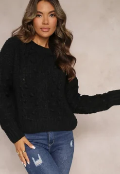 Czarny Grubo Pleciony Sweter z Wełną i Bawełną Bavime