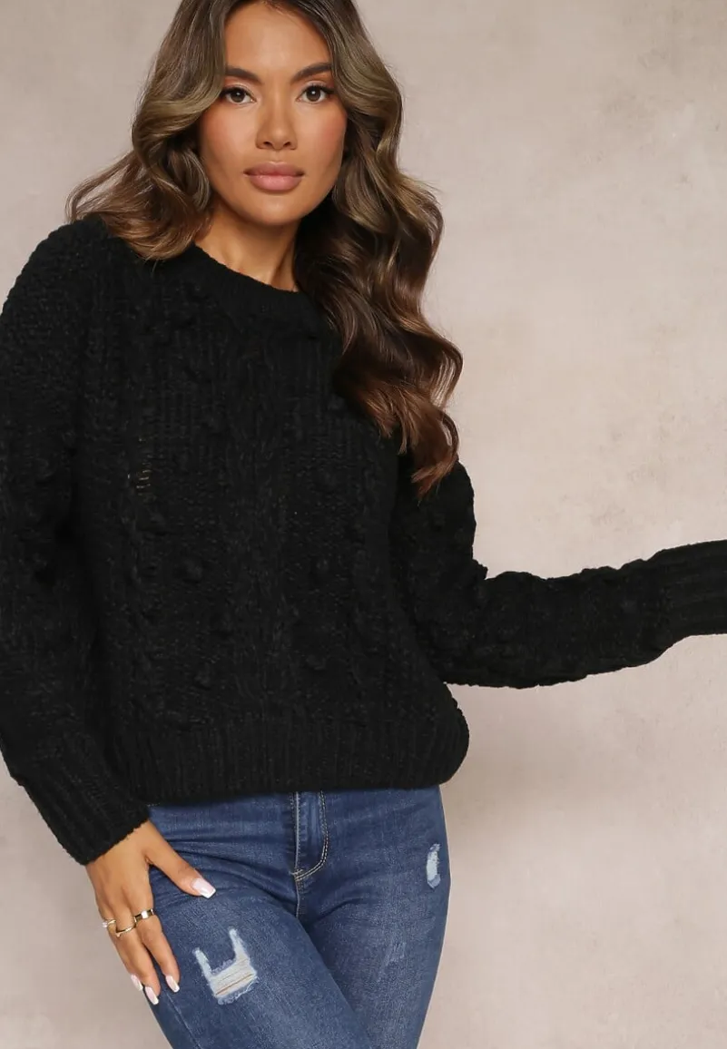 Czarny Grubo Pleciony Sweter z Wełną i Bawełną Bavime