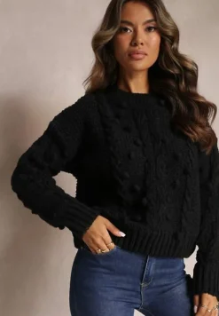 Czarny Grubo Pleciony Sweter z Wełną i Bawełną Bavime