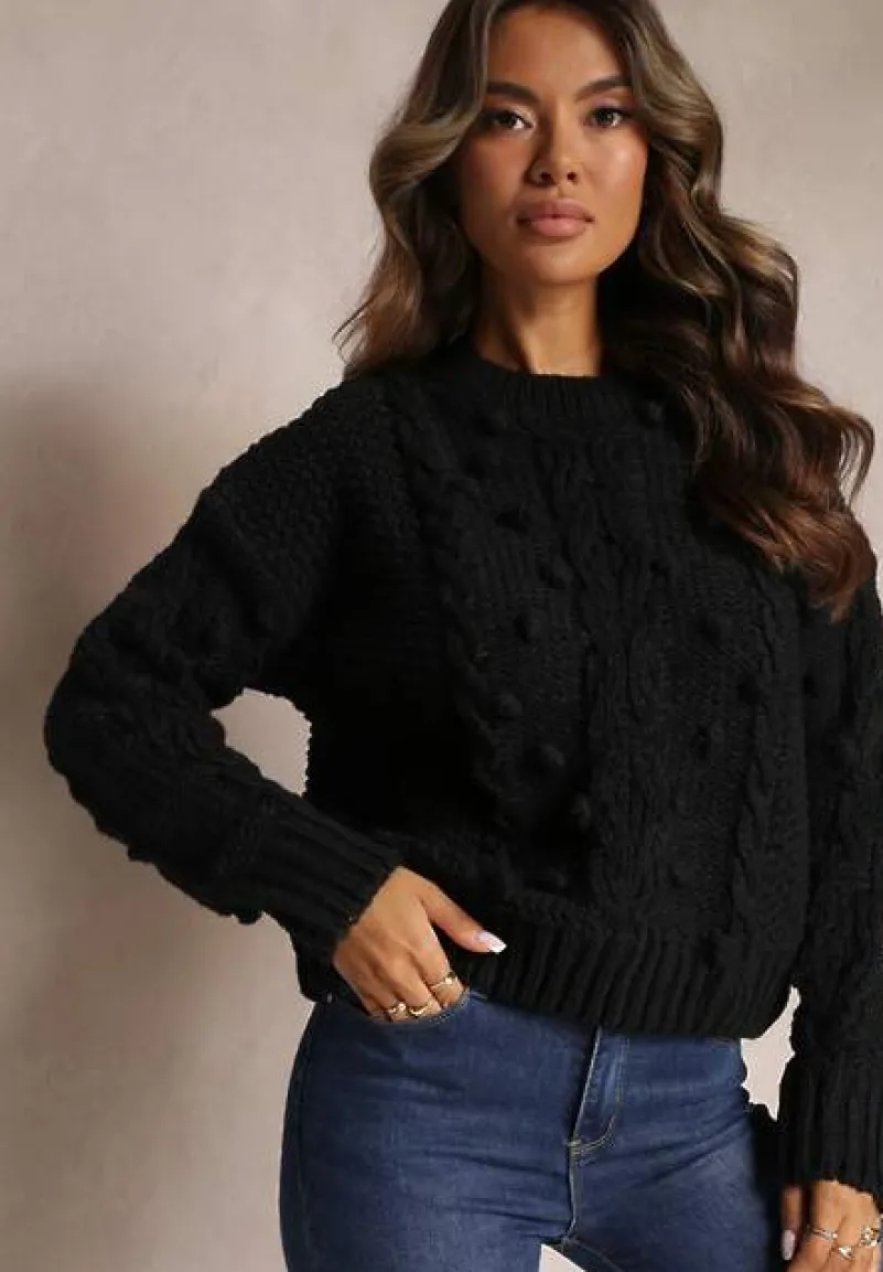 Czarny Grubo Pleciony Sweter z Wełną i Bawełną Bavime