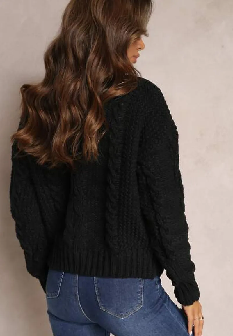 Czarny Grubo Pleciony Sweter z Wełną i Bawełną Bavime