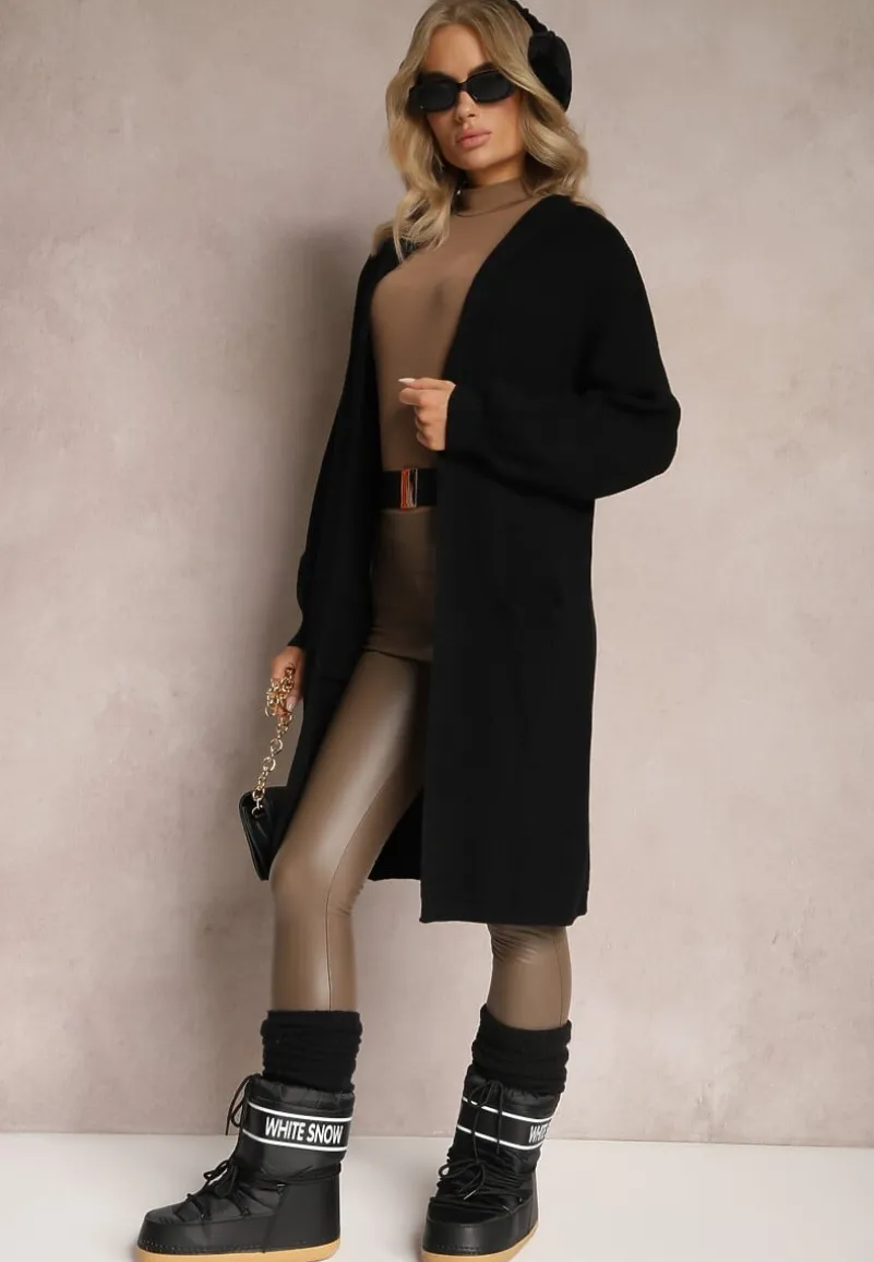Czarny Jednolity Kardigan z Długim Rękawem Niezapinany z Kapturem Colise