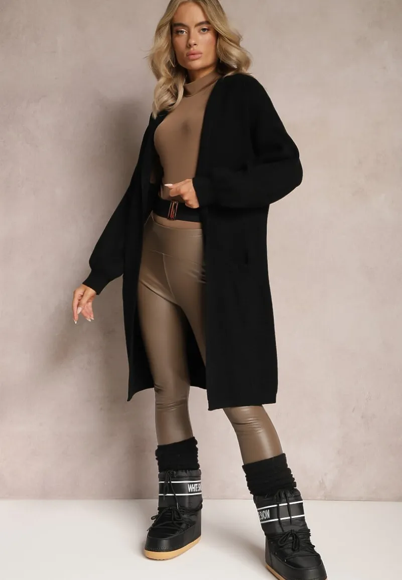 Czarny Jednolity Kardigan z Długim Rękawem Niezapinany z Kapturem Colise