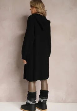 Czarny Jednolity Kardigan z Długim Rękawem Niezapinany z Kapturem Colise