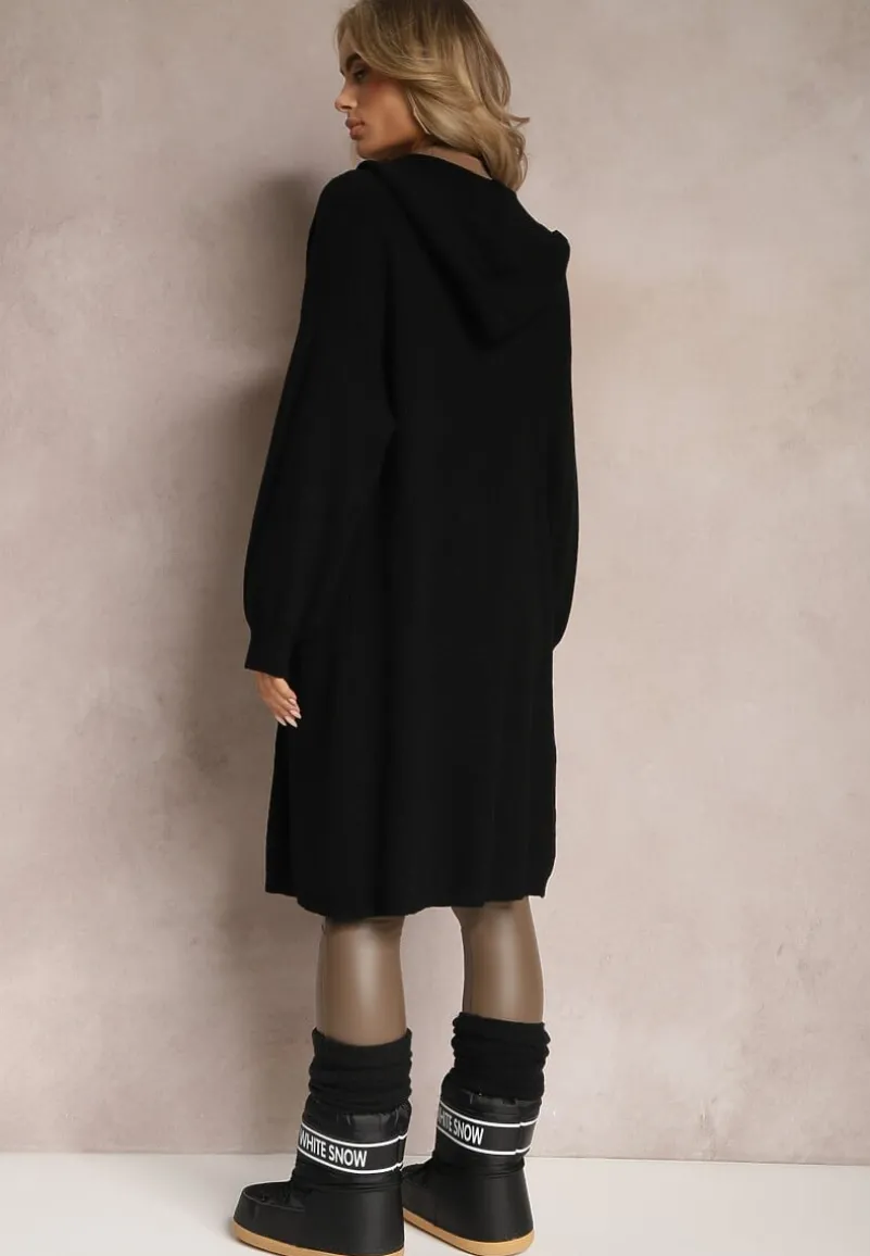 Czarny Jednolity Kardigan z Długim Rękawem Niezapinany z Kapturem Colise