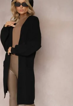 Czarny Jednolity Kardigan z Długim Rękawem Niezapinany z Kapturem Colise