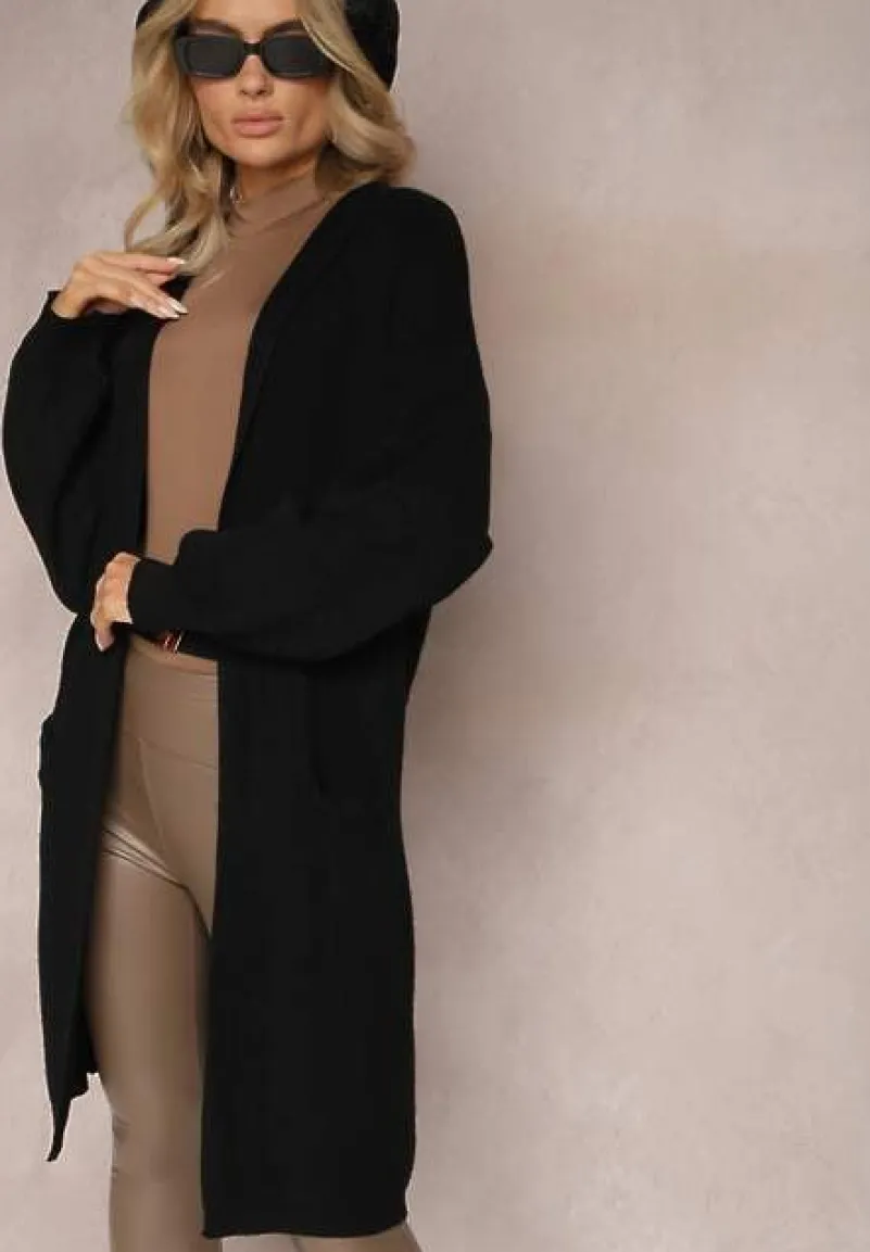 Czarny Jednolity Kardigan z Długim Rękawem Niezapinany z Kapturem Colise