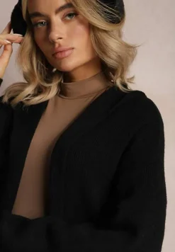 Czarny Jednolity Kardigan z Długim Rękawem Niezapinany z Kapturem Colise