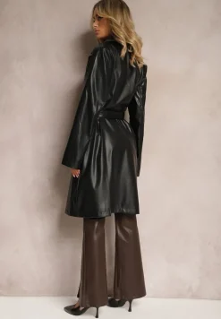 Czarny Jednorzędowy Płaszcz z Ekoskóry i Wiązanym Paskiem w Talii Onagia