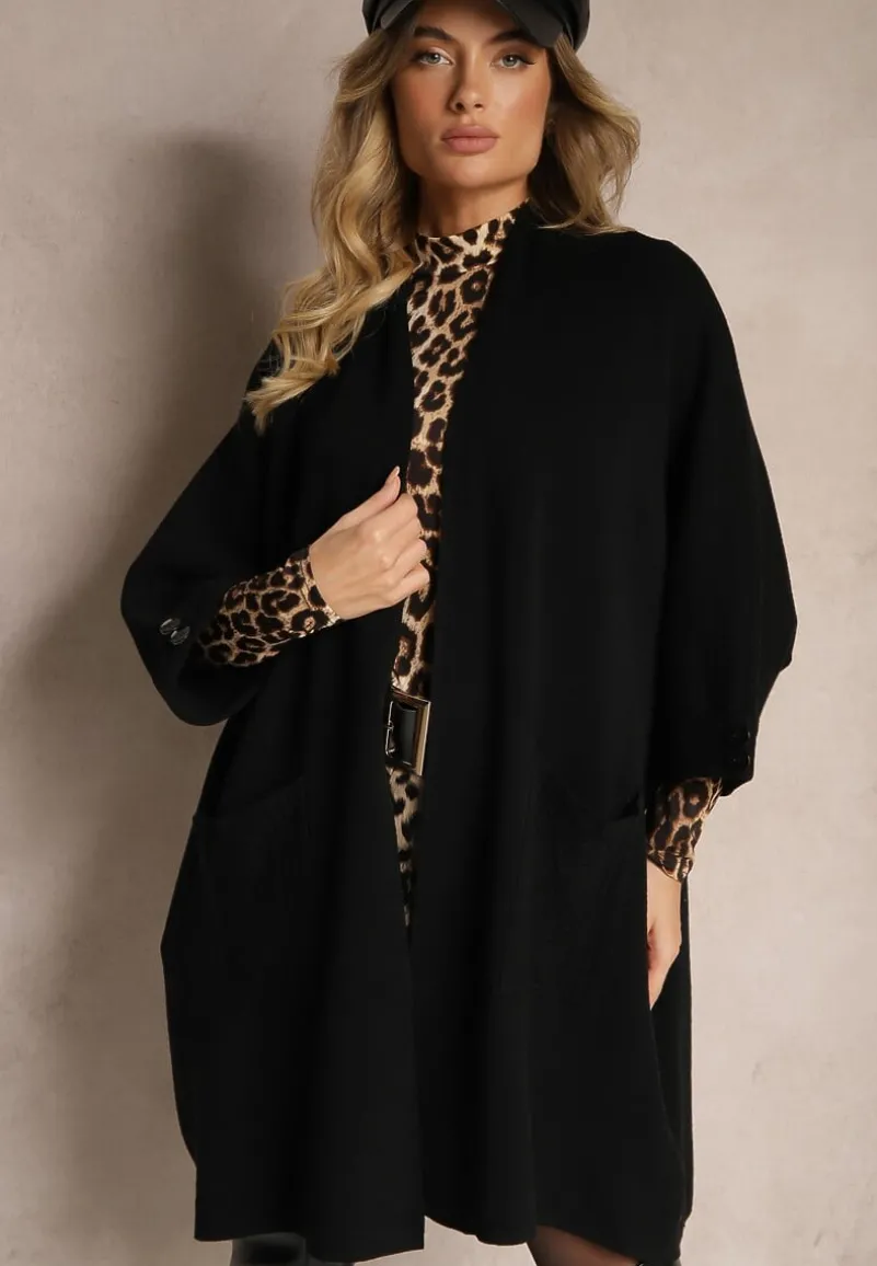 Czarny Kardigan Bez Zapięć Ozdobiony Guzikami i Wsuwanymi Kieszeniami Asindra