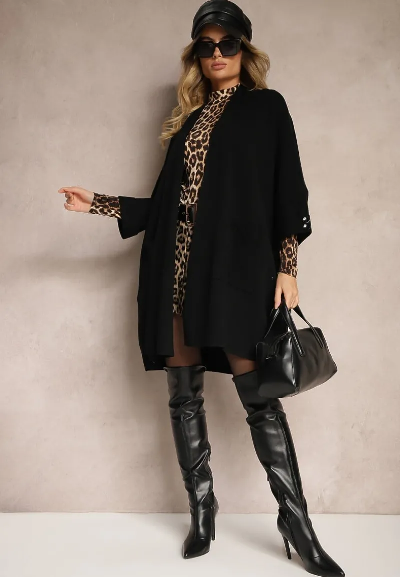 Czarny Kardigan Bez Zapięć Ozdobiony Guzikami i Wsuwanymi Kieszeniami Asindra