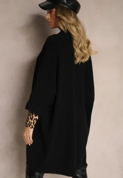 Czarny Kardigan Bez Zapięć Ozdobiony Guzikami i Wsuwanymi Kieszeniami Asindra