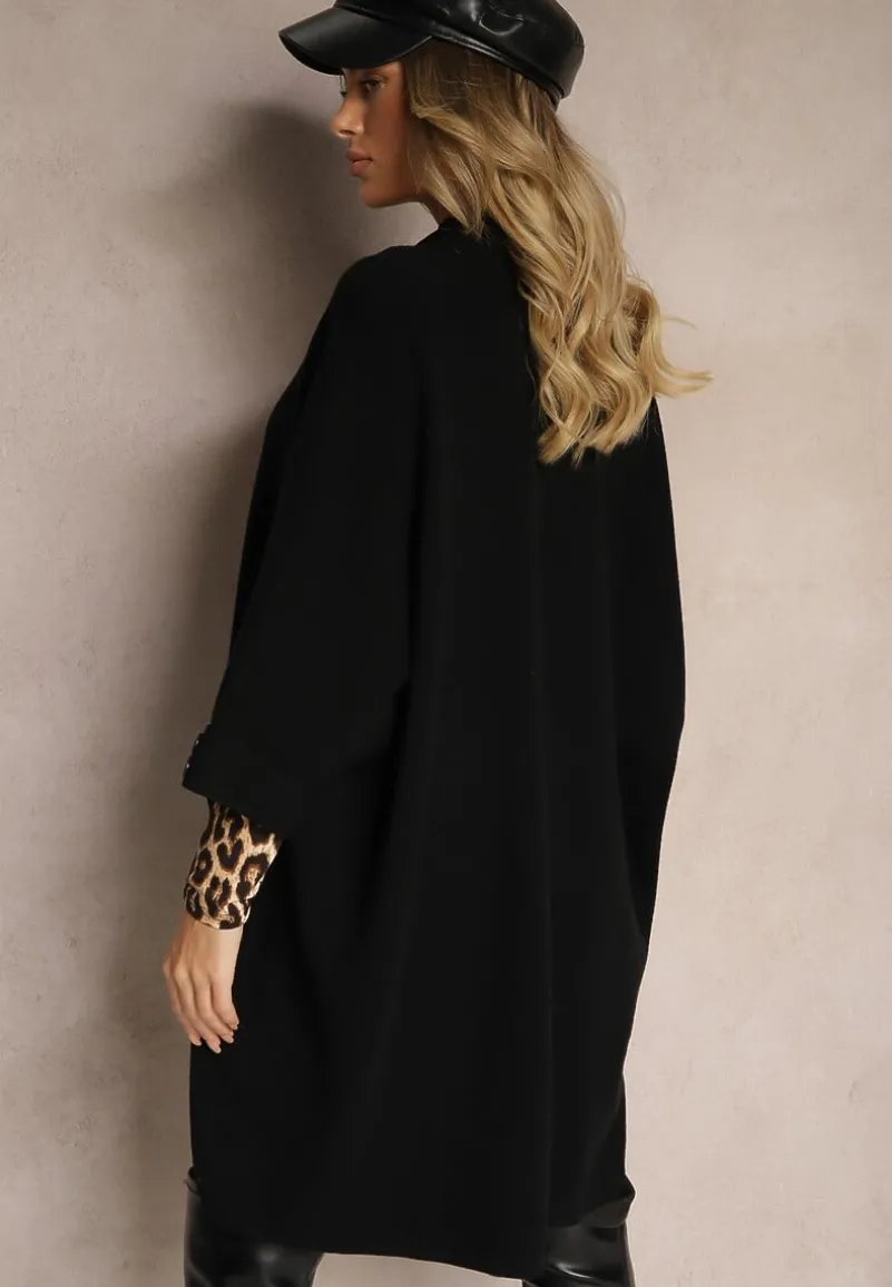 Czarny Kardigan Bez Zapięć Ozdobiony Guzikami i Wsuwanymi Kieszeniami Asindra