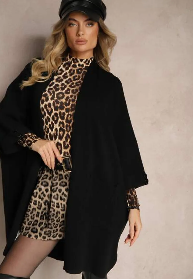 Czarny Kardigan Bez Zapięć Ozdobiony Guzikami i Wsuwanymi Kieszeniami Asindra