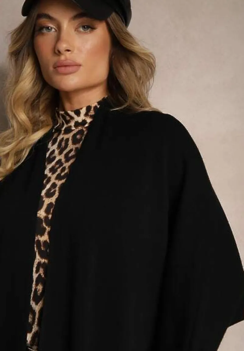 Czarny Kardigan Bez Zapięć Ozdobiony Guzikami i Wsuwanymi Kieszeniami Asindra