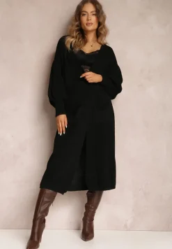 Czarny Kardigan Długi z Bufiastym Rękawem Mesho
