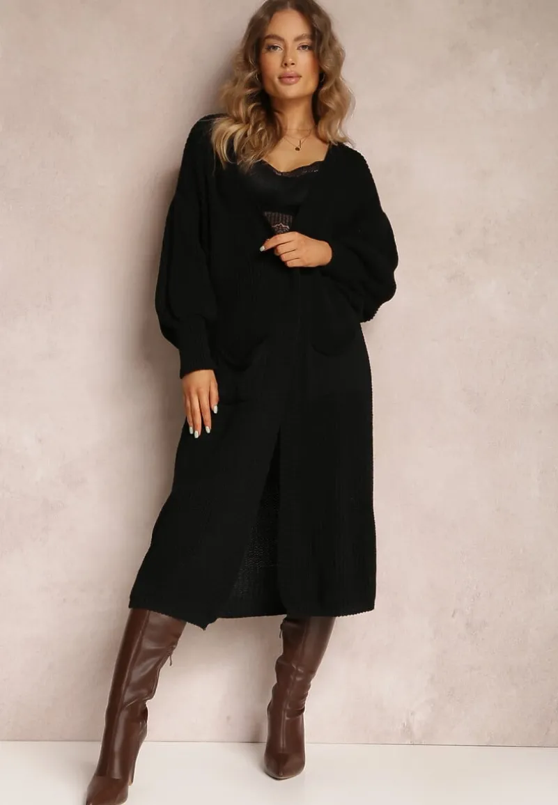 Czarny Kardigan Długi z Bufiastym Rękawem Mesho