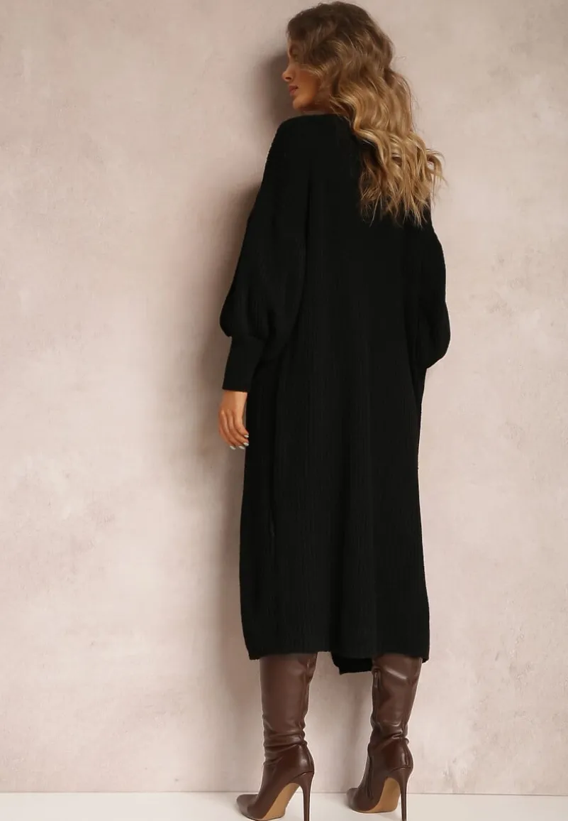 Czarny Kardigan Długi z Bufiastym Rękawem Mesho