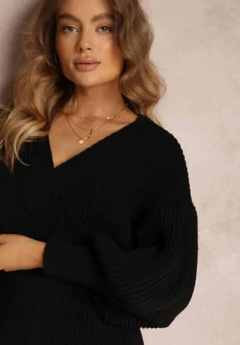 Czarny Kardigan Długi z Bufiastym Rękawem Mesho