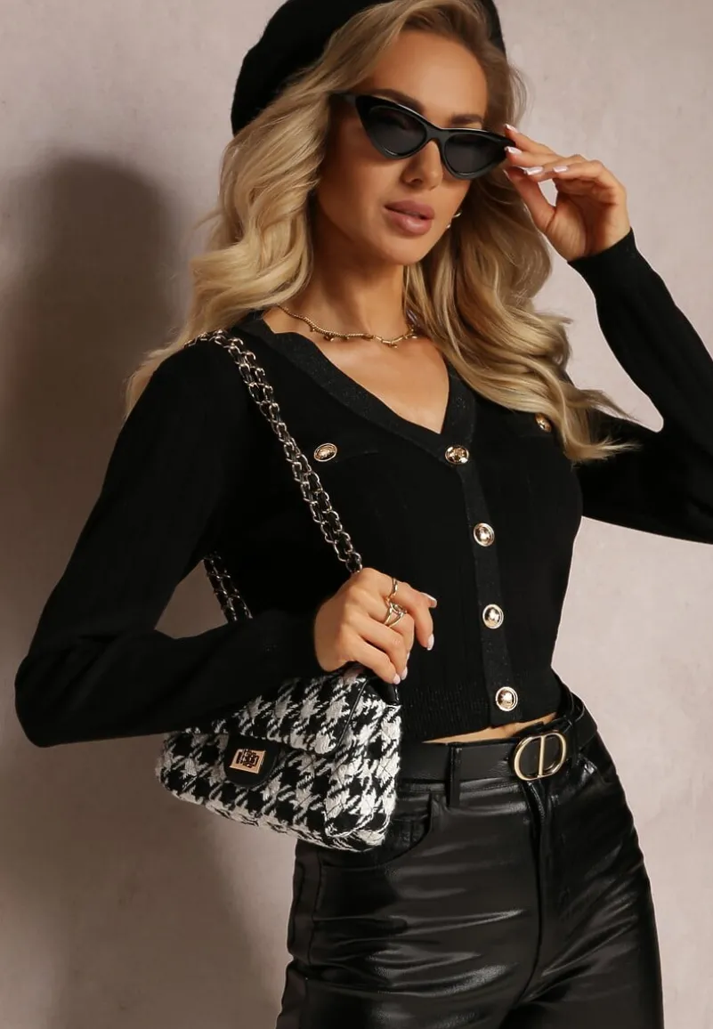 Czarny Kardigan na Biżuteryjne Guziki z Metaliczną Nitką Astase