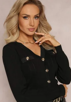 Czarny Kardigan na Biżuteryjne Guziki z Metaliczną Nitką Astase