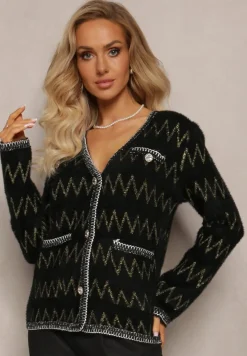 Czarny Kardigan na Guziki w Cyrkonie z Metaliczną Nitką Sianasa