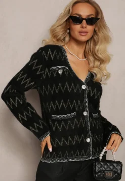 Czarny Kardigan na Guziki w Cyrkonie z Metaliczną Nitką Sianasa
