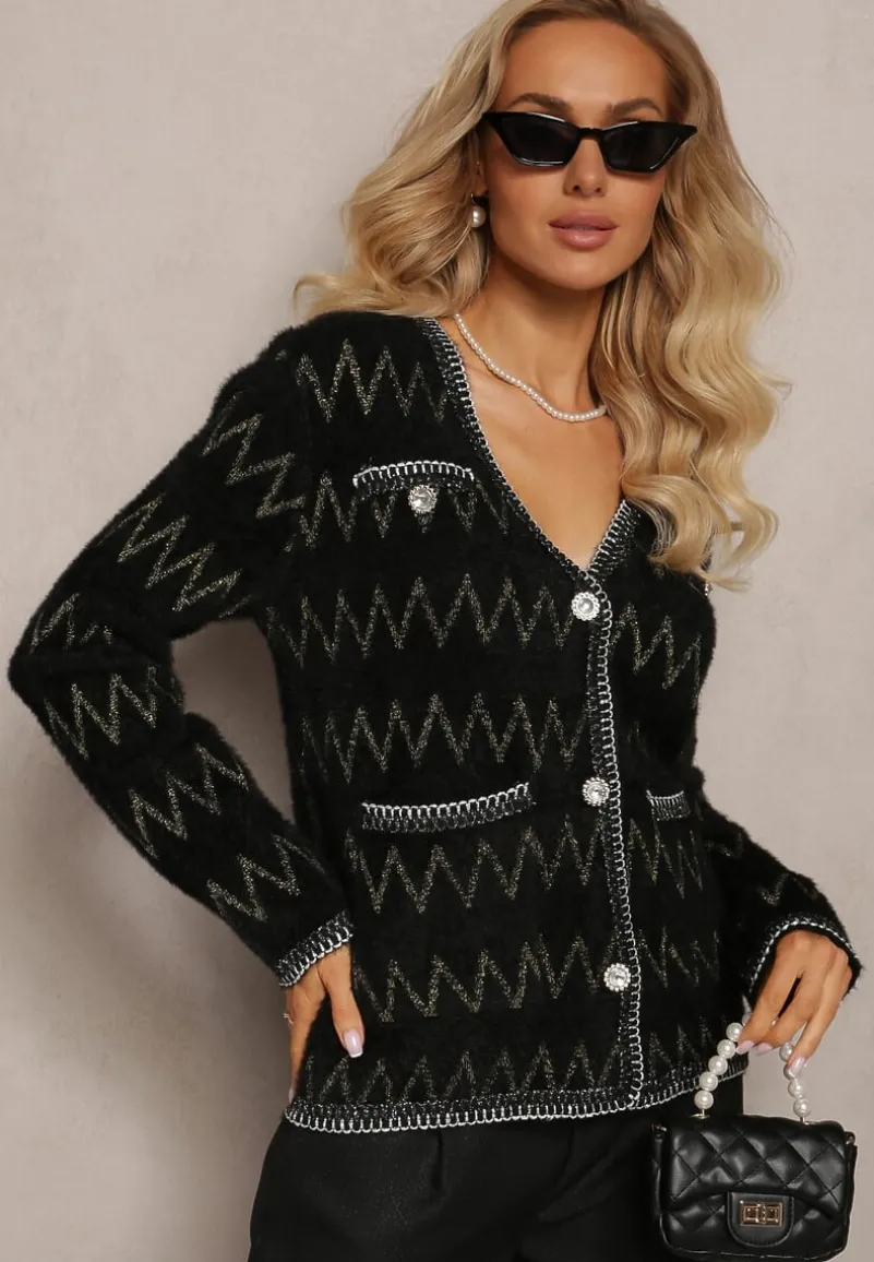 Czarny Kardigan na Guziki w Cyrkonie z Metaliczną Nitką Sianasa