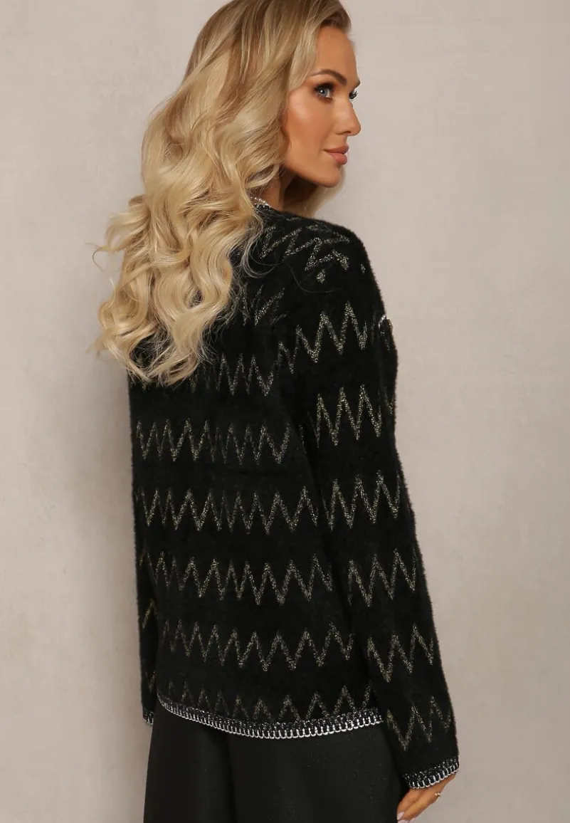Czarny Kardigan na Guziki w Cyrkonie z Metaliczną Nitką Sianasa